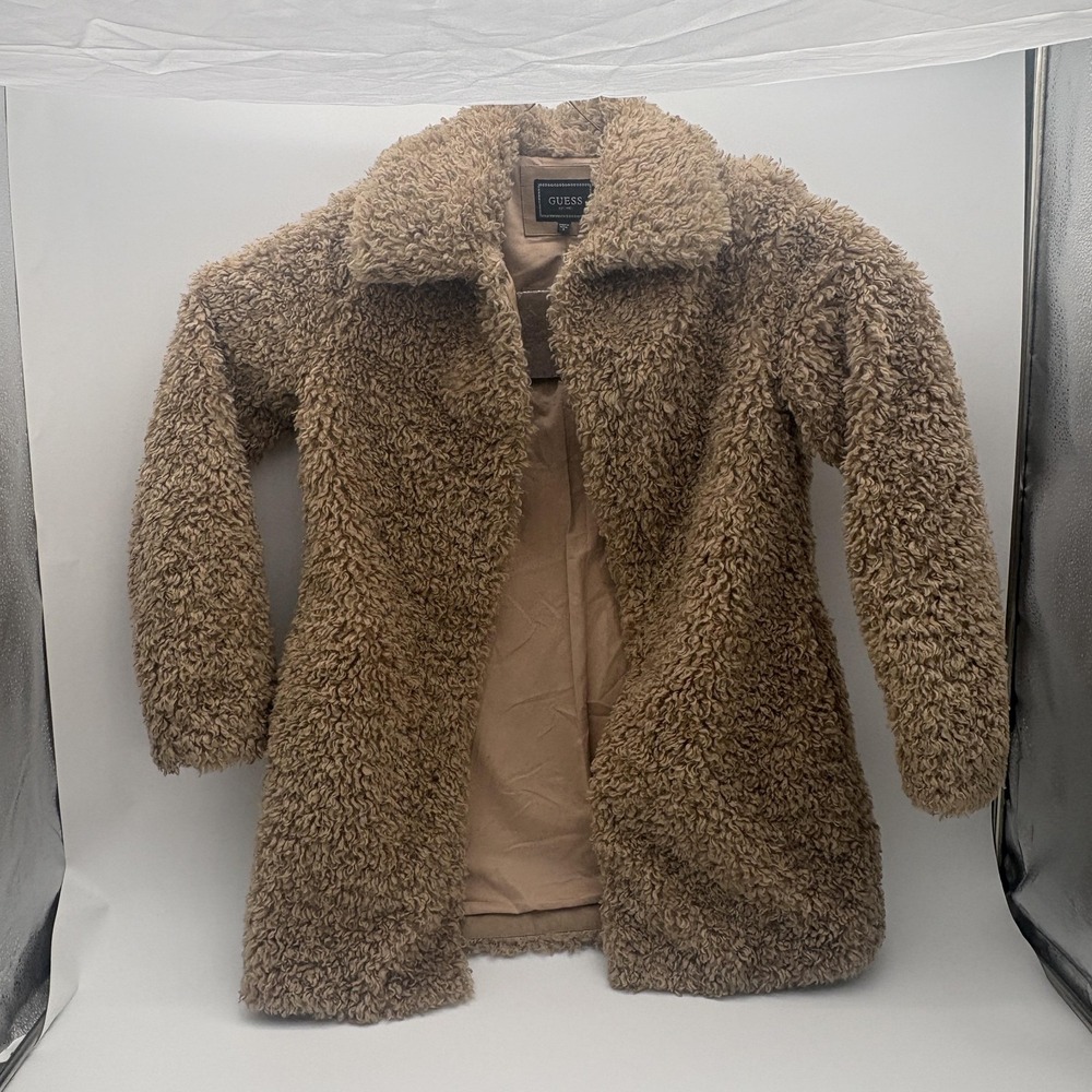 Guess Coat Womens Small Brown Teddy Fleece Mid Length Lined‎ Winter Rhinestone